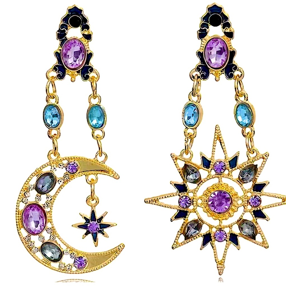 Celestial Moon Star Gold Plated Dangle Earrings Statement accent Stones